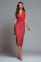 Laden Sie das Bild in den Galerie-Viewer, Rotes Teelanges Bodycon Satin Polka Dots Partykleid mit V-Ausschnitt und