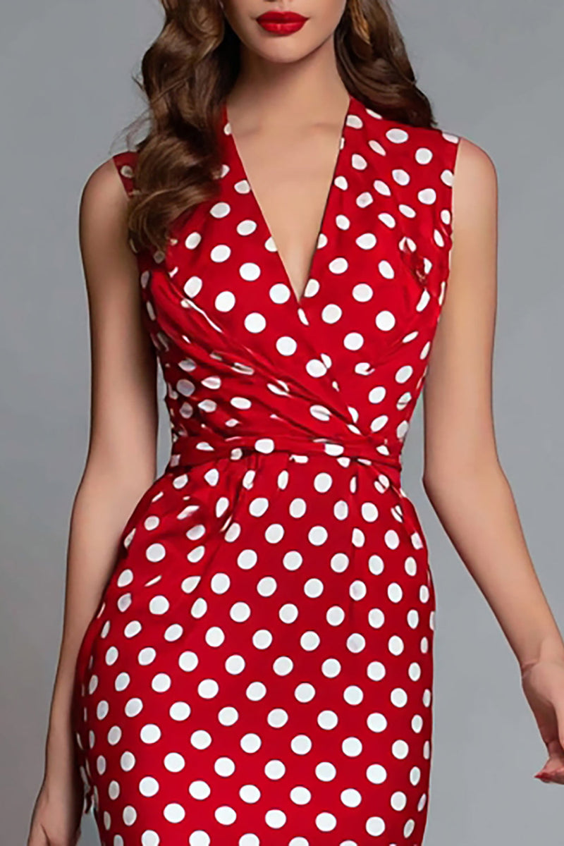Laden Sie das Bild in den Galerie-Viewer, Rotes Teelanges Bodycon Satin Polka Dots Partykleid mit V-Ausschnitt und