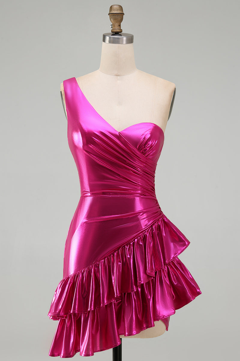 Laden Sie das Bild in den Galerie-Viewer, Glitzerndes Gold Metallic Kurzes A-Linie Cocktailkleid mit Rüschen