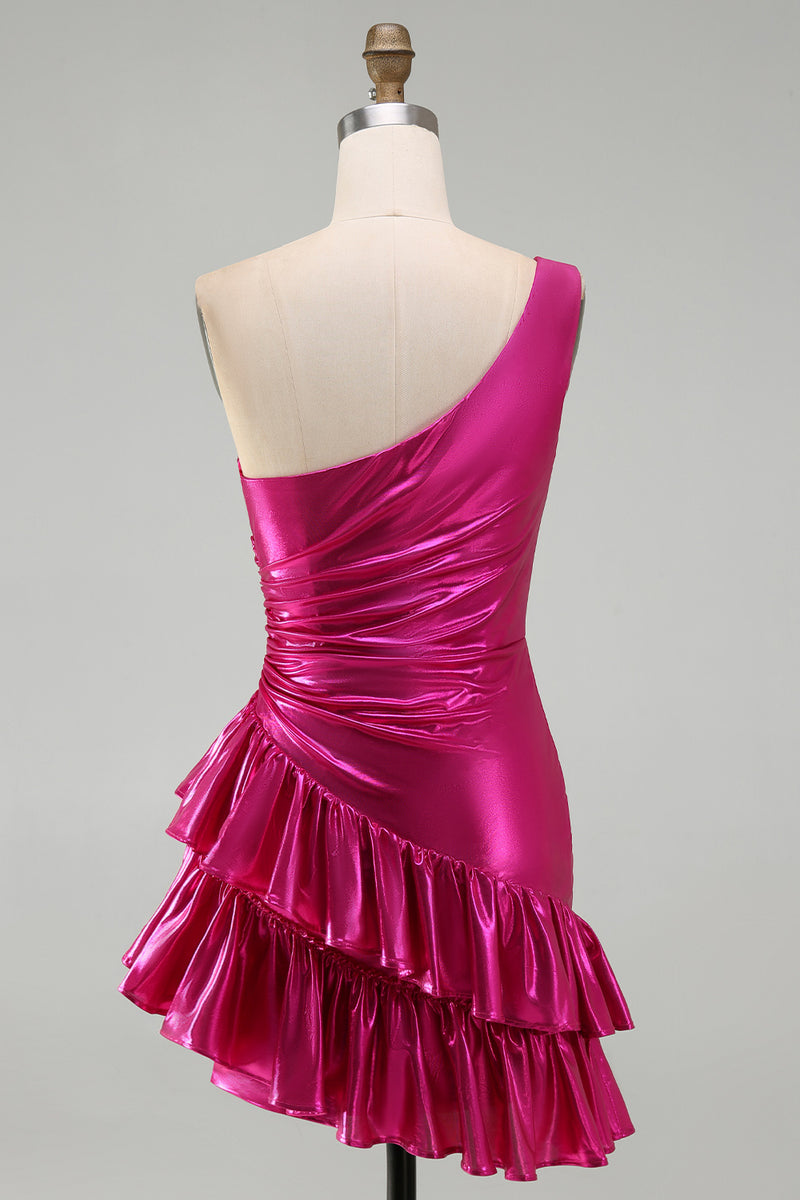 Laden Sie das Bild in den Galerie-Viewer, Glitzerndes Gold Metallic Kurzes A-Linie Cocktailkleid mit Rüschen