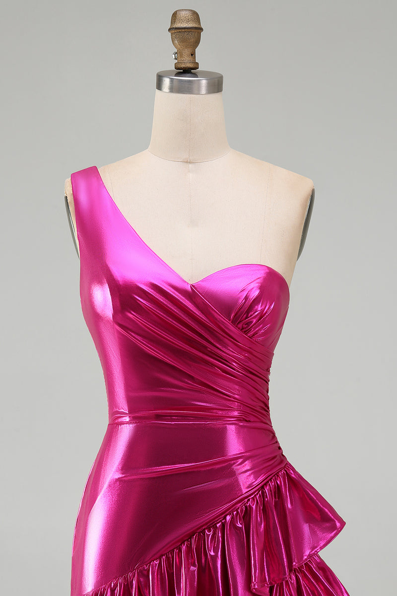 Laden Sie das Bild in den Galerie-Viewer, Glitzerndes Gold Metallic Kurzes A-Linie Cocktailkleid mit Rüschen