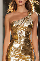 Laden Sie das Bild in den Galerie-Viewer, Gold Metallic Eine Schulter Kurzes Enges Cocktailkleid