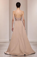 Laden Sie das Bild in den Galerie-Viewer, Champagner Langes Rückenfreies Gerafftes Abendkleid aus Satin mit Schlitz