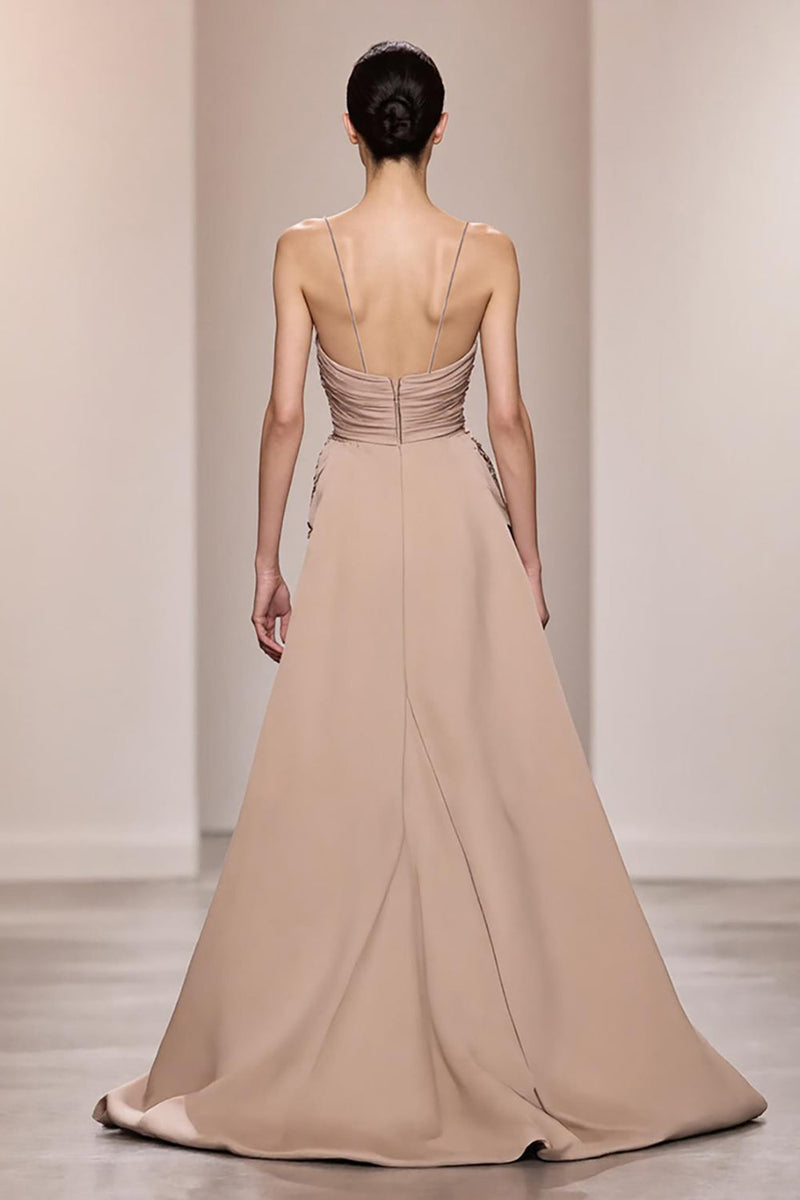 Laden Sie das Bild in den Galerie-Viewer, Champagner Langes Rückenfreies Gerafftes Abendkleid aus Satin mit Schlitz