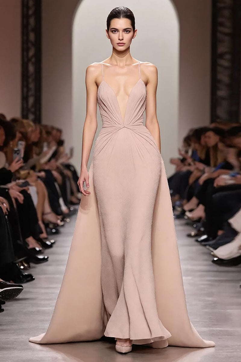 Laden Sie das Bild in den Galerie-Viewer, Elfenbein Langes Gerafftes Abendkleid aus Satin mit Spaghettiträgern