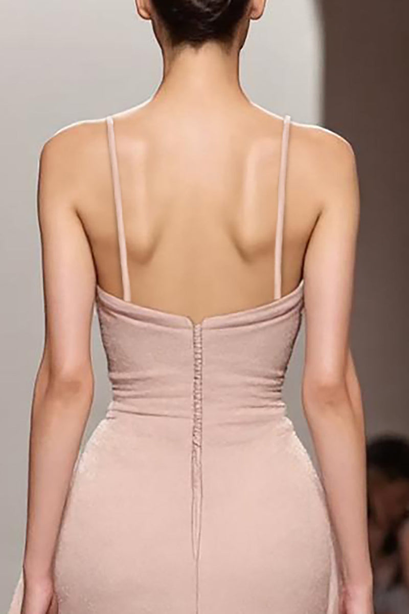 Laden Sie das Bild in den Galerie-Viewer, Elfenbein Langes Gerafftes Abendkleid aus Satin mit Spaghettiträgern