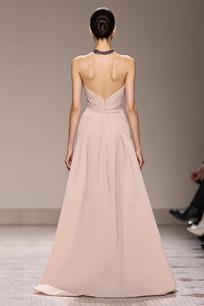 Laden Sie das Bild in den Galerie-Viewer, Champagner Satin Neckholder Langes Abendkleid mit Perlenstickerei