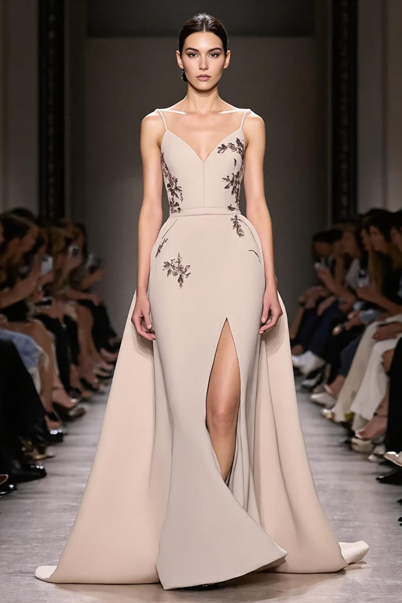 Laden Sie das Bild in den Galerie-Viewer, Champagner A Linie Spaghettiträger Langes Abendkleid mit Schlitz