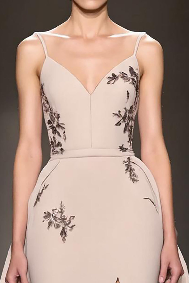 Laden Sie das Bild in den Galerie-Viewer, Champagner A Linie Spaghettiträger Langes Abendkleid mit Schlitz