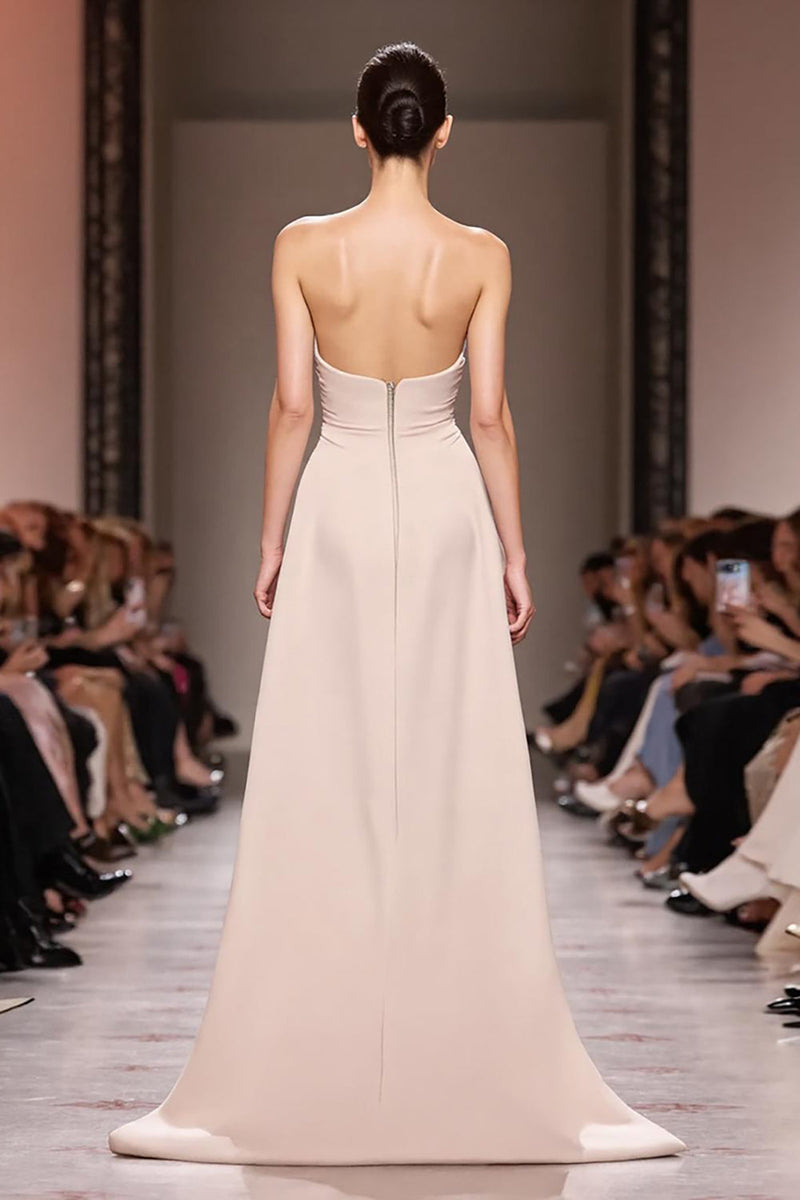 Laden Sie das Bild in den Galerie-Viewer, Champagner Satin Meerjungfrauen Trägerloses Gerafftes Langes Abendkleid