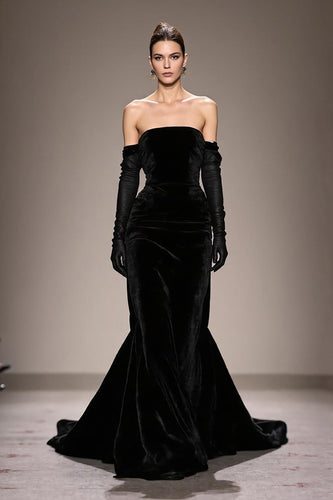 Schwarzes Trägerloses Langes Abendkleid aus Samt