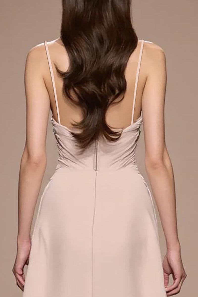 Laden Sie das Bild in den Galerie-Viewer, Champagner Maxi Abendkleid aus Satin mit Rüschen und Schlitz in A-Linie