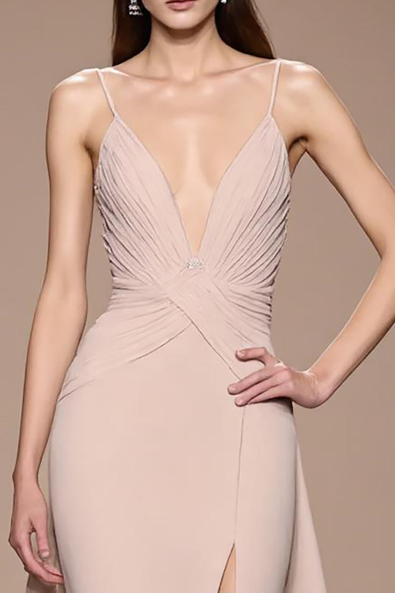 Laden Sie das Bild in den Galerie-Viewer, Champagner Maxi Abendkleid aus Satin mit Rüschen und Schlitz in A-Linie