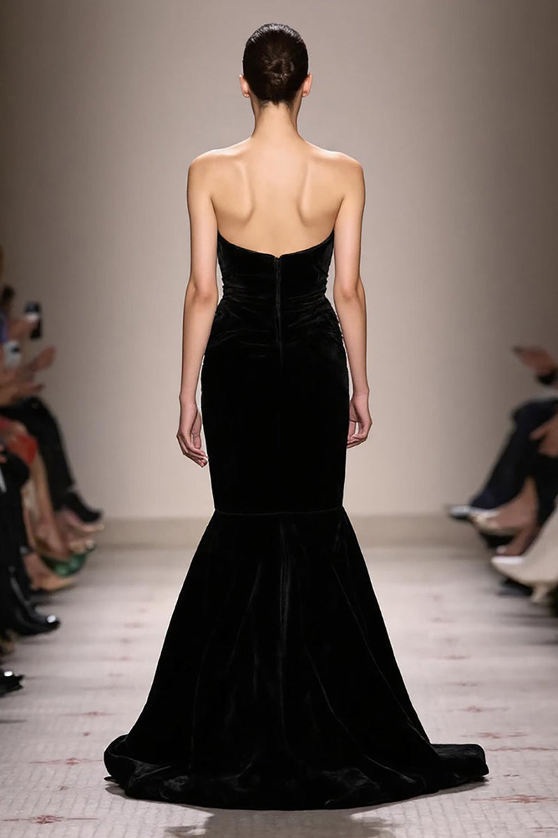 Laden Sie das Bild in den Galerie-Viewer, Schwarzes Meerjungfrauen Samt Trägerloses Langes Abendkleid