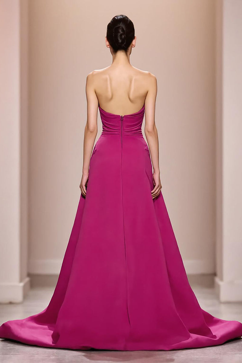 Laden Sie das Bild in den Galerie-Viewer, Fuchsia Satin A-Linie Trägerloses Langes Abendkleid mit 3D-Blume
