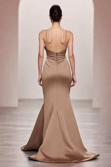 Kaffee Satin Meerjungfrau Spaghettiträger Langes Abendkleid