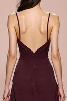 Laden Sie das Bild in den Galerie-Viewer, Dunkelrotes Etui Gerafftes Spaghettiträger Langes Abendkleid