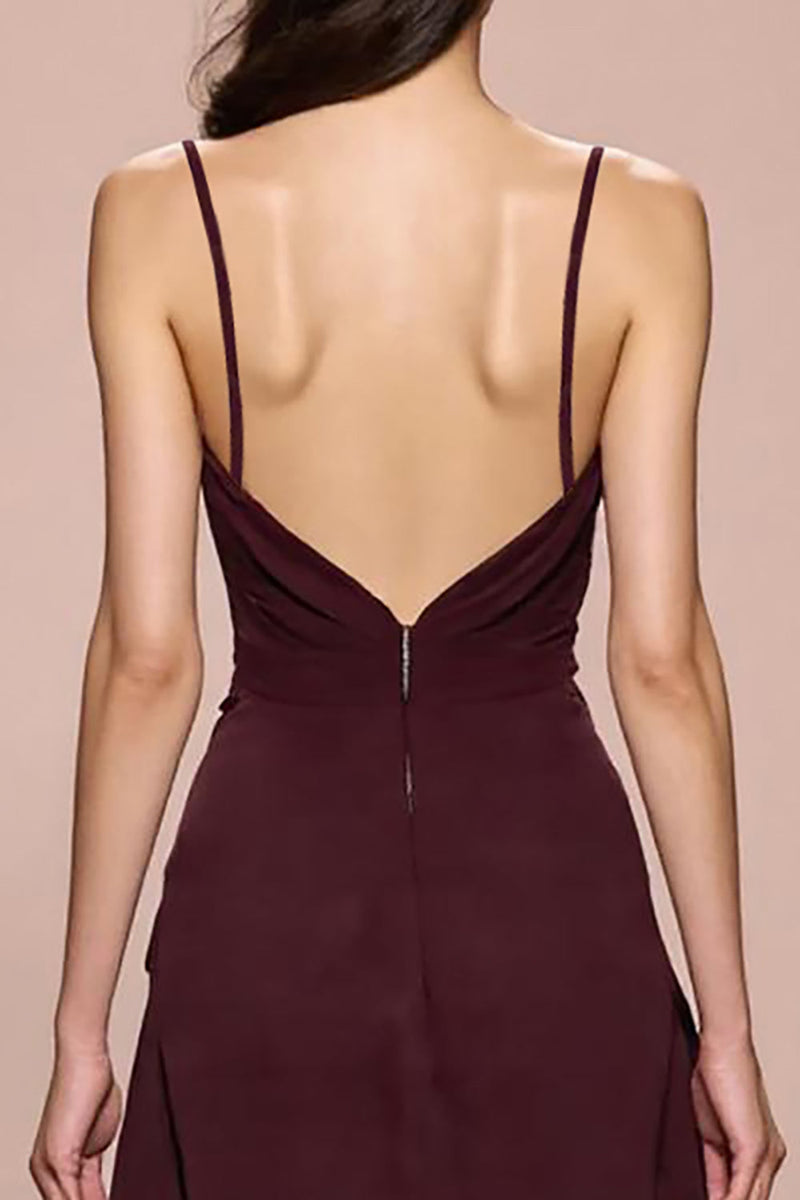 Laden Sie das Bild in den Galerie-Viewer, Dunkelrotes Etui Gerafftes Spaghettiträger Langes Abendkleid