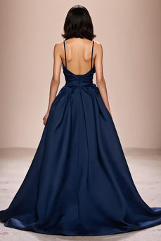 Dunkelblaues Spaghettiträgern Abendkleid aus Satin in A-Linie mit Schlitz