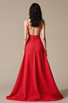 Rotes Langes A-Linie Abendkleid aus Satin mit Spaghettiträgern und Schlitz