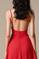 Laden Sie das Bild in den Galerie-Viewer, Rotes Langes A-Linie Abendkleid aus Satin mit Spaghettiträgern und Schlitz