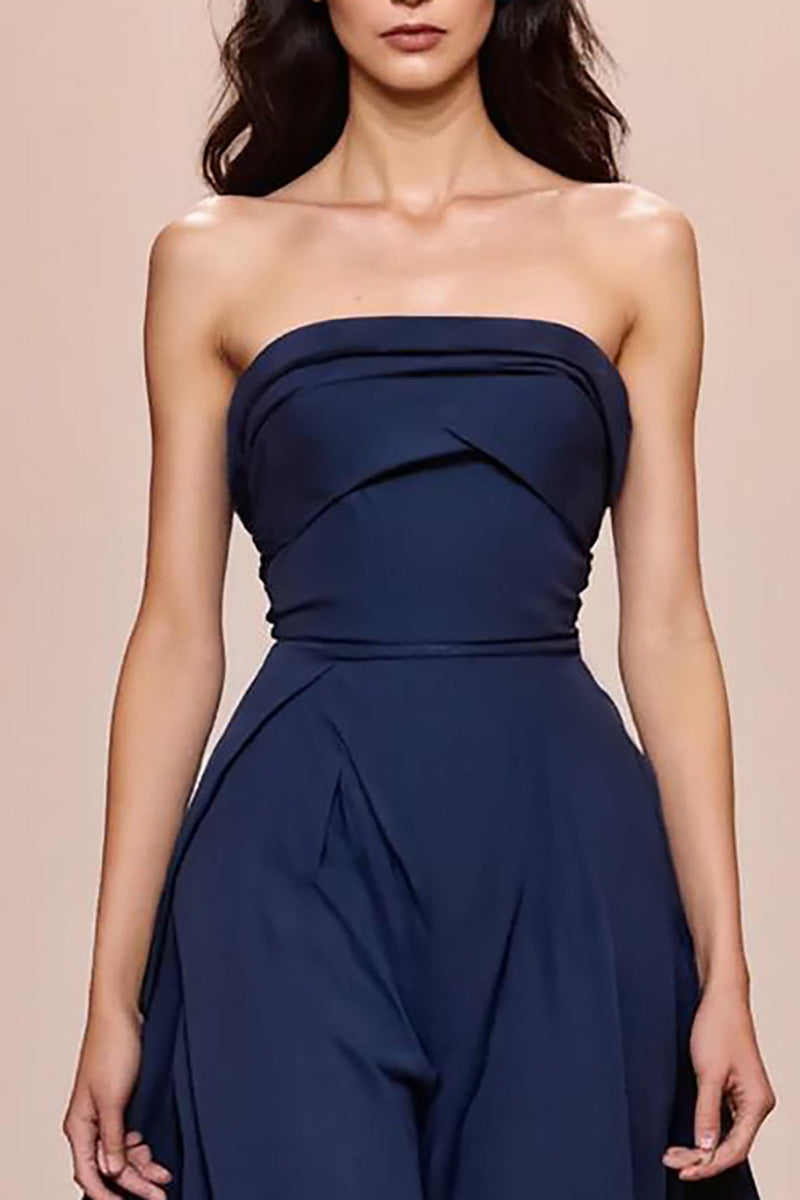 Laden Sie das Bild in den Galerie-Viewer, Dunkelblaues Trägerloses Langes Abendkleid aus Satin in A-Linie