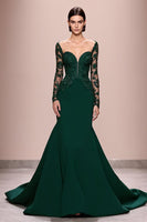 Laden Sie das Bild in den Galerie-Viewer, Dunkelgrünes Meerjungfrauen Abendkleid mit Spitzenärmeln und Applikationen