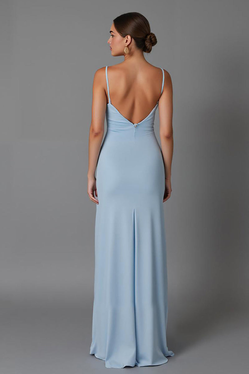 Laden Sie das Bild in den Galerie-Viewer, Himmelblaues Langes Abendkleid mit Spaghettiträgern