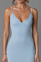 Laden Sie das Bild in den Galerie-Viewer, Himmelblaues Etui Chiffon Spaghettiträger Langes Abendkleid