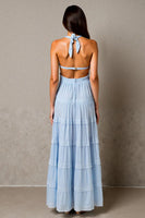 Laden Sie das Bild in den Galerie-Viewer, Neckholder A Linie Himmelblaues Abendkleid mit Rüschen