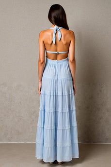 Neckholder A Linie Himmelblaues Abendkleid mit Rüschen