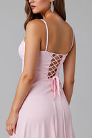 Laden Sie das Bild in den Galerie-Viewer, Einfaches Hellrosa A-Linie Spaghettiträger Langes Abendkleid