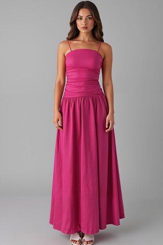 Fuchsia Spaghettiträger A Linie Abendkleid aus Baumwolle
