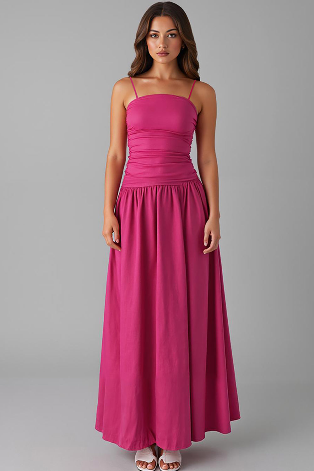 Fuchsia Spaghettiträger A Linie Abendkleid aus Baumwolle