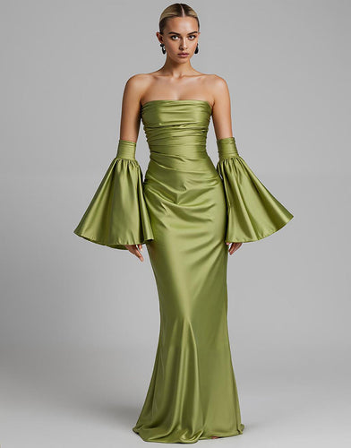 Türkis Trägerloses Meerjungfrauen Abendkleid mit Puffärmeln und Rüschen