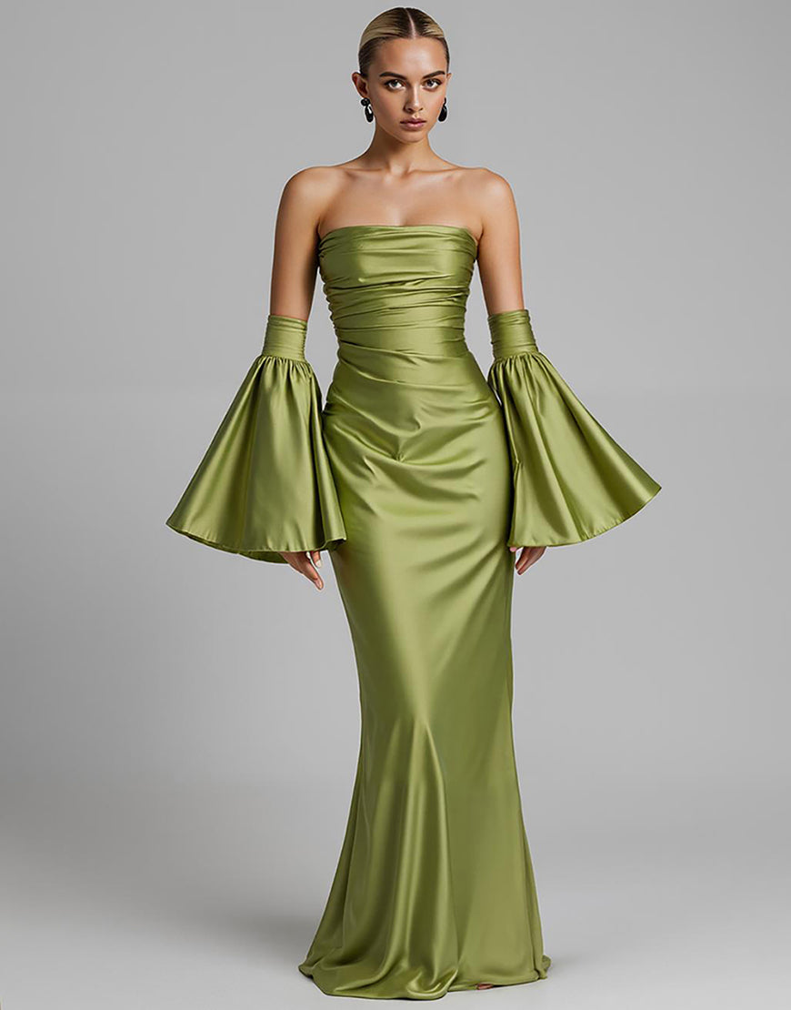 Laden Sie das Bild in den Galerie-Viewer, Türkis Trägerloses Meerjungfrauen Abendkleid mit Puffärmeln und Rüschen