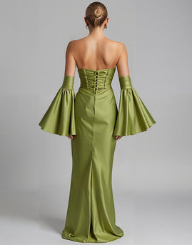 Türkis Trägerloses Meerjungfrauen Abendkleid mit Puffärmeln und Rüschen