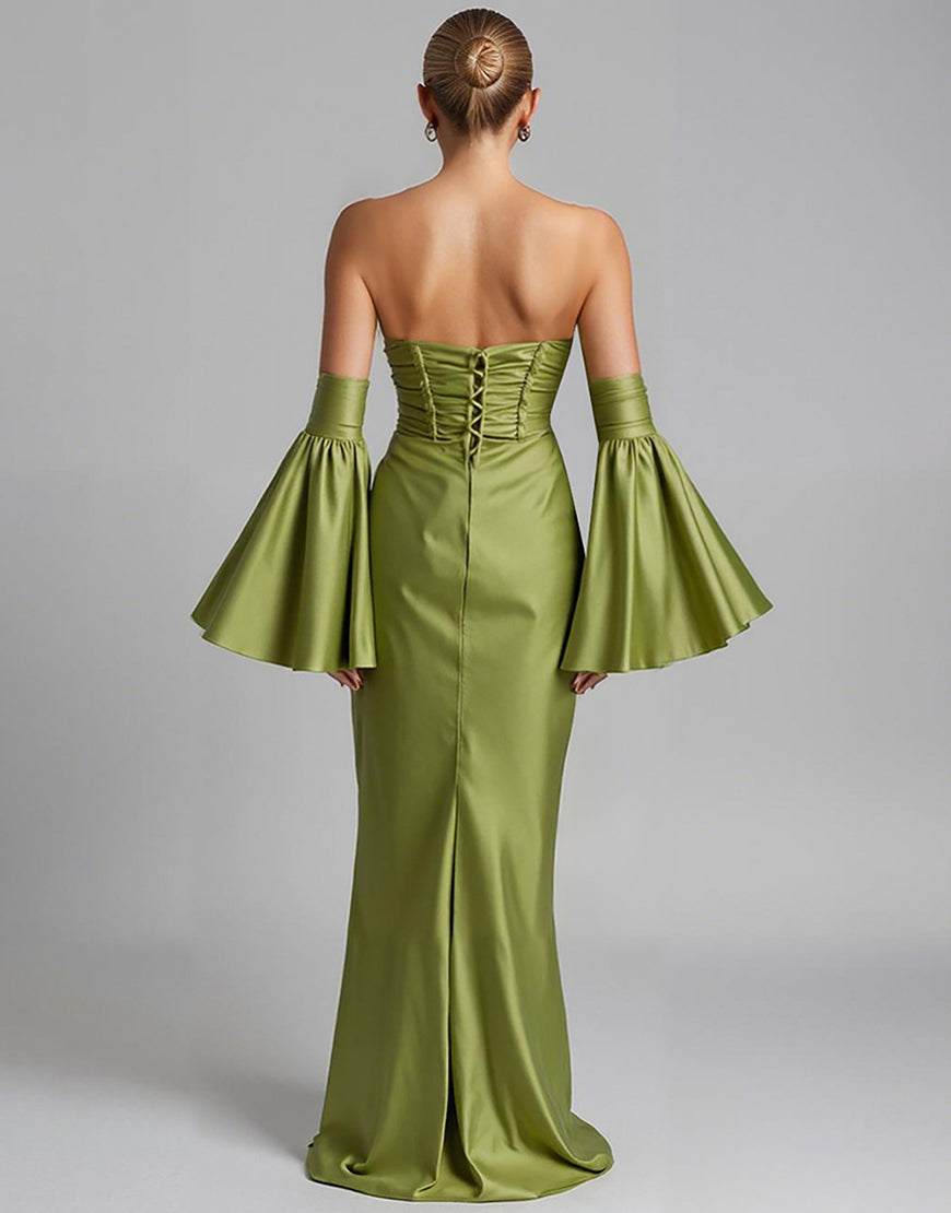 Laden Sie das Bild in den Galerie-Viewer, Türkis Trägerloses Meerjungfrauen Abendkleid mit Puffärmeln und Rüschen