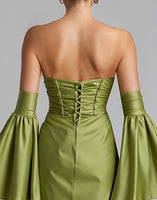 Laden Sie das Bild in den Galerie-Viewer, Türkis Trägerloses Meerjungfrauen Abendkleid mit Puffärmeln und Rüschen