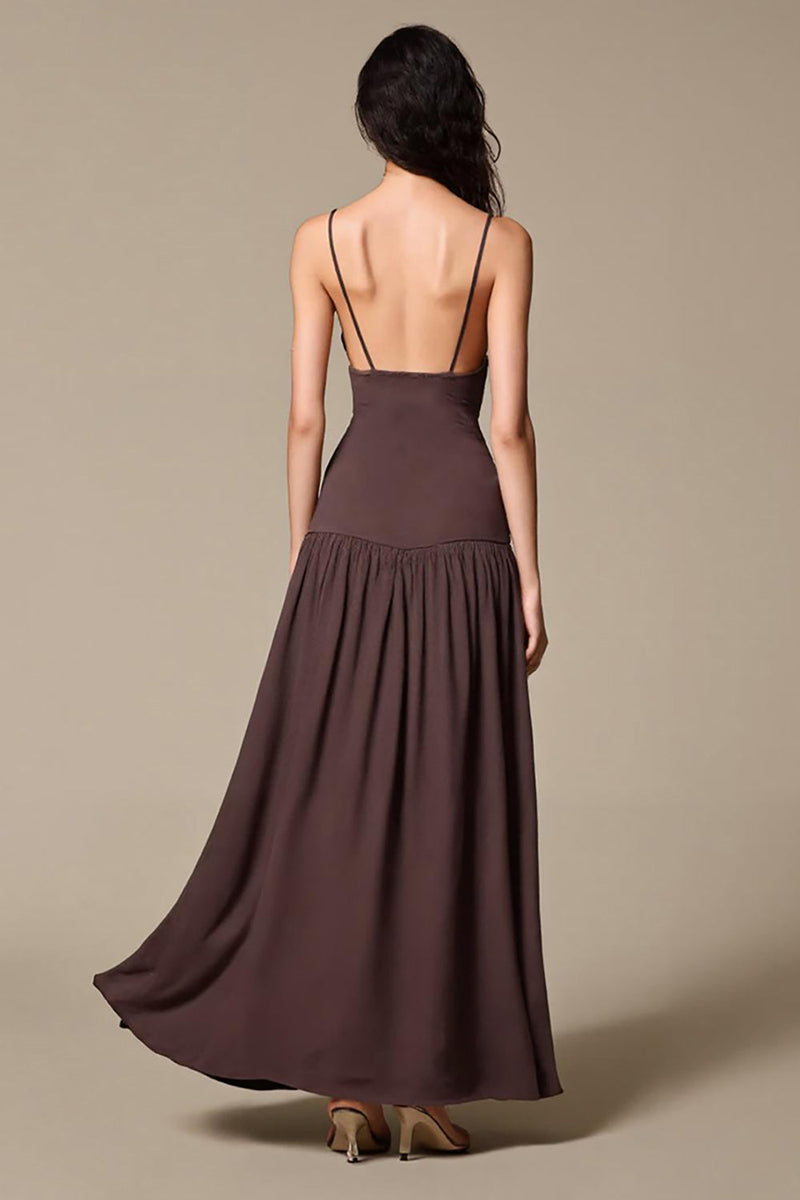 Laden Sie das Bild in den Galerie-Viewer, Kaffee Chiffon A-Linie Spaghettiträger Langes Abendkleid