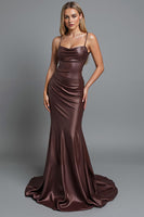 Laden Sie das Bild in den Galerie-Viewer, Kaffee Satin Gerafftes Meerjungfrau Spaghettiträger Langes Abendkleid