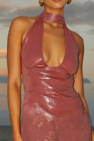 Laden Sie das Bild in den Galerie-Viewer, Einfaches Hot Pink Neckholder Pailletten Kurzes Cocktailkleid