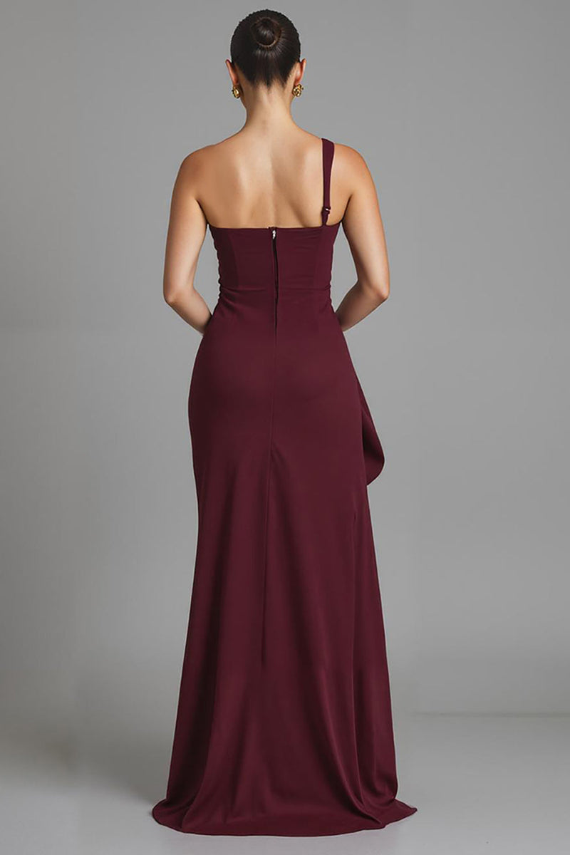 Laden Sie das Bild in den Galerie-Viewer, Burgundy Abendkleid mit einer Schulter und Schlitz