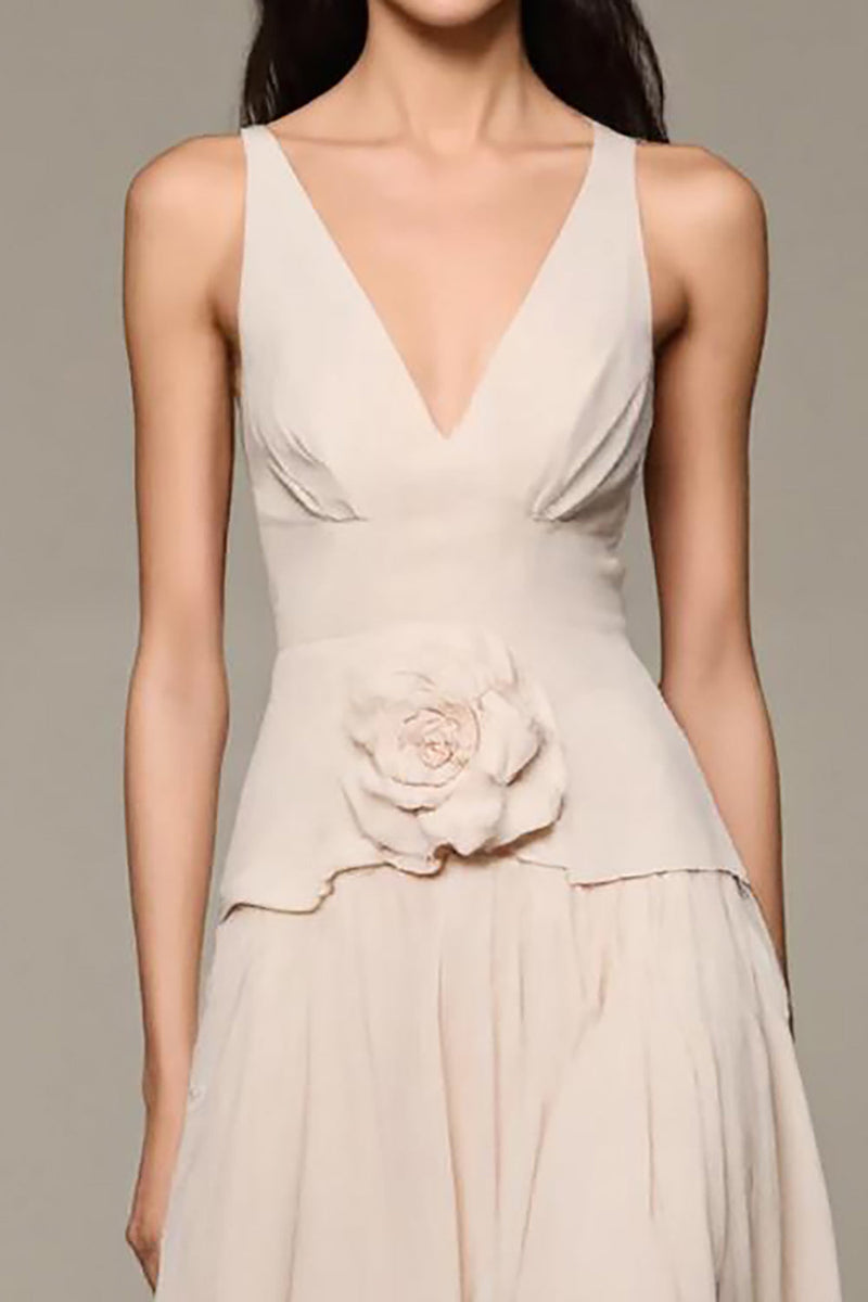 Laden Sie das Bild in den Galerie-Viewer, Aprikose A-Linie Langes Abendkleid mit V-Ausschnitt und 3D-Blumen