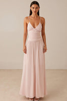 Laden Sie das Bild in den Galerie-Viewer, Rosa Spaghettiträger A-Linie Chiffon Abendkleid