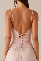 Laden Sie das Bild in den Galerie-Viewer, Rosa Spaghettiträger A-Linie Chiffon Abendkleid