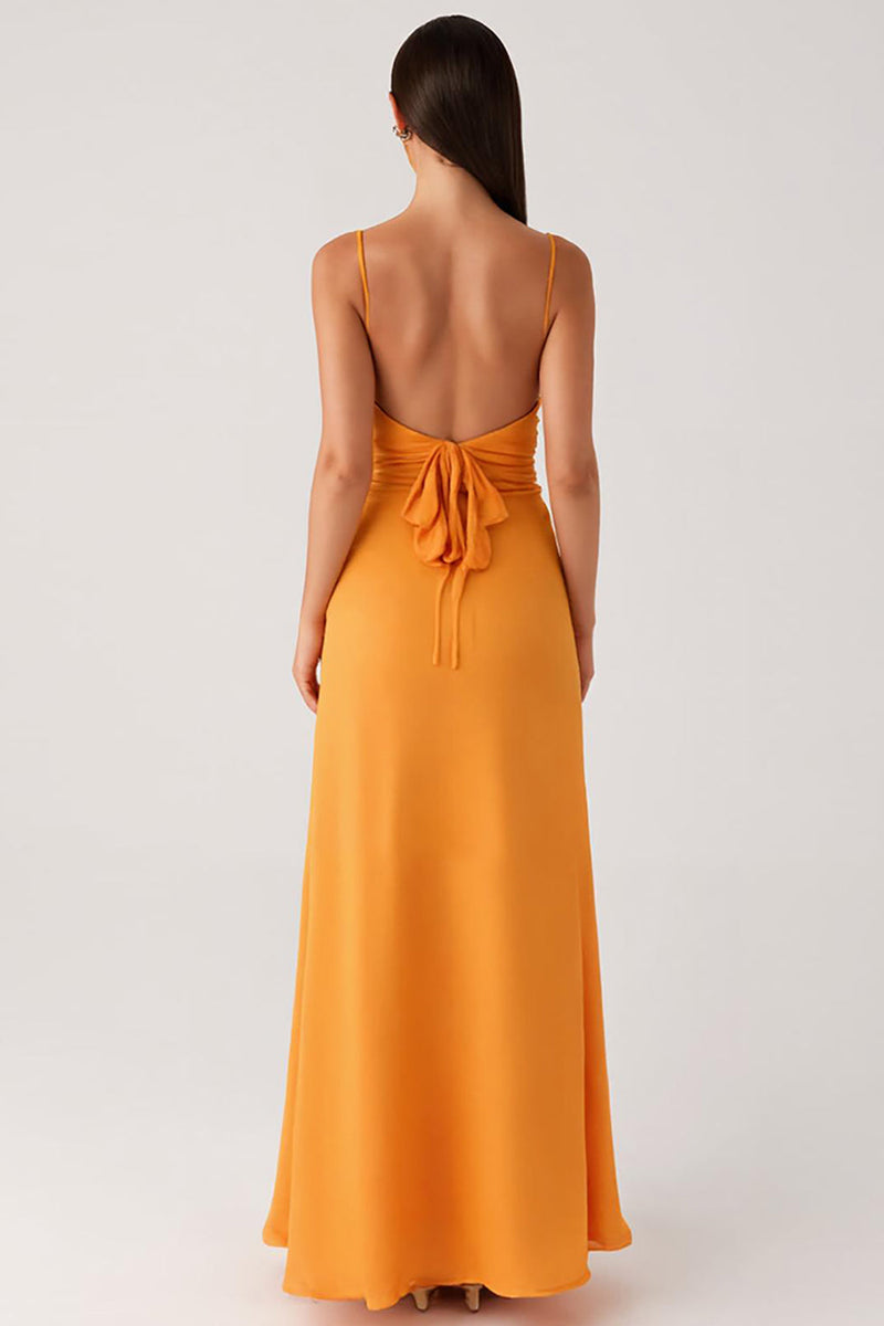 Laden Sie das Bild in den Galerie-Viewer, Gelbes Spaghettiträger Chiffon Ballkleid