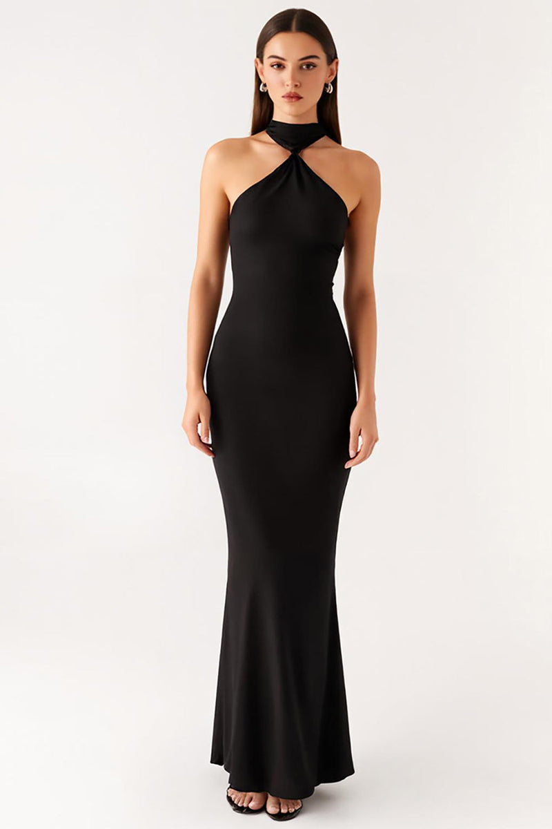 Laden Sie das Bild in den Galerie-Viewer, Neckholder Mermaid Bodycon Langes Schwarzes Krawattenkleid