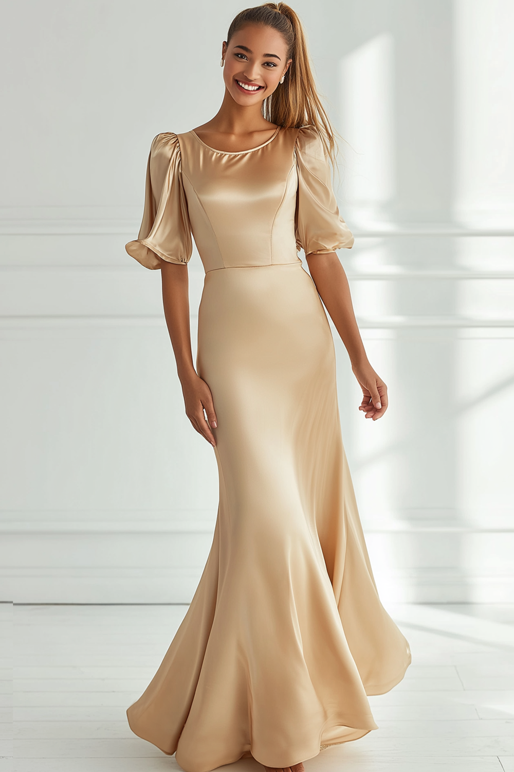 Damen Champagner Formelles Kleid Meerjungfrau Satin Rundhalsausschnitt Langes Abendkleid mit Ärmeln