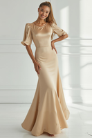 Laden Sie das Bild in den Galerie-Viewer, Champagner Meerjungfrau Satin Langes Ballkleid mit kurzen Ärmeln